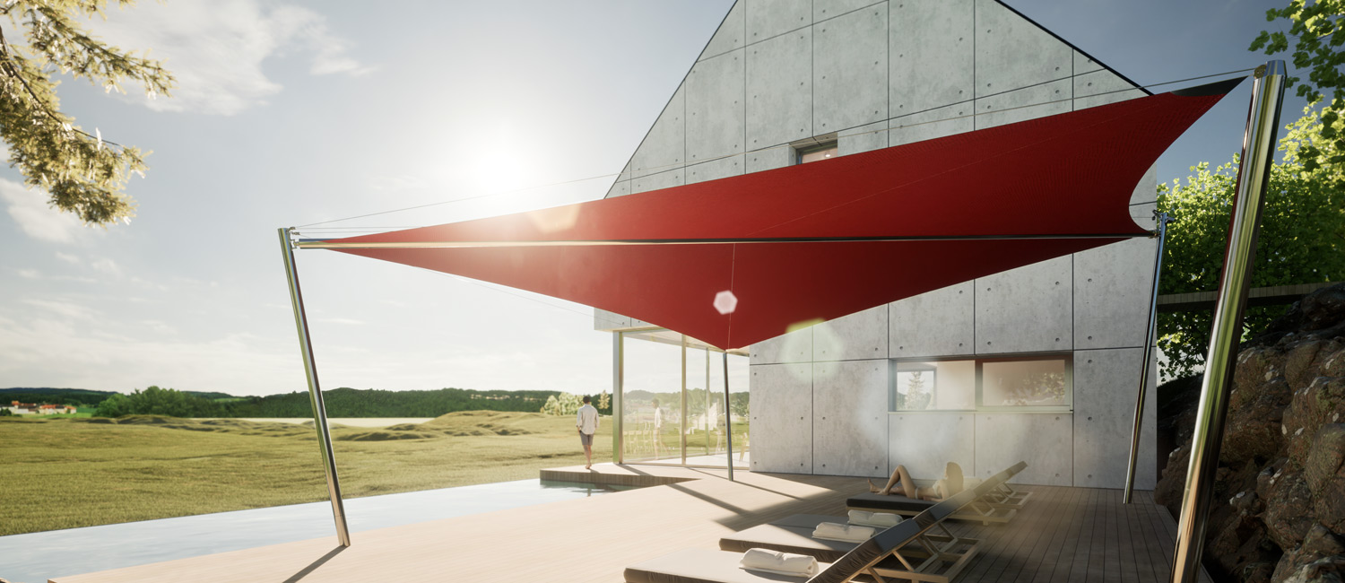 Voile d’ombrage tendue dans un jardin pour se protéger du soleil