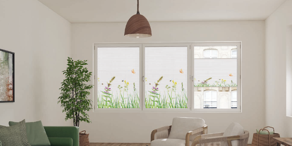 Fauteuil contemporain et store plissé aux teintes sobres dans un intérieur design"